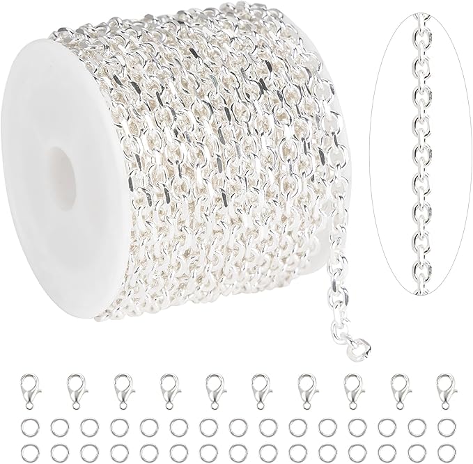 KYUNHOO 16.4 Feet Silver Jewelry Making Chains Bulk on Spool Oval Cable Chain Links for Women Men DIY Crafts with Jump Rings Lobster Clasps Supplies