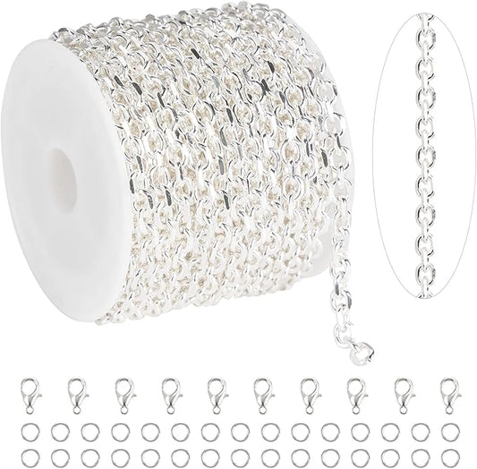 KYUNHOO 16.4 Feet Silver Jewelry Making Chains Bulk on Spool Oval Cable Chain Links for Women Men DIY Crafts with Jump Rings Lobster Clasps Supplies