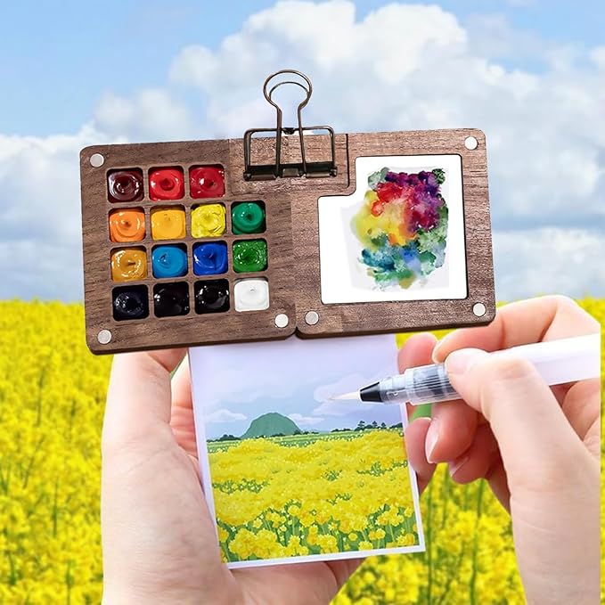 Mini Travel Watercolor Set Pocket Artist Watercolor Travel Set Grid Palette Box Sketch Book Brush Pens With Binder Clips For Painters Artists Students