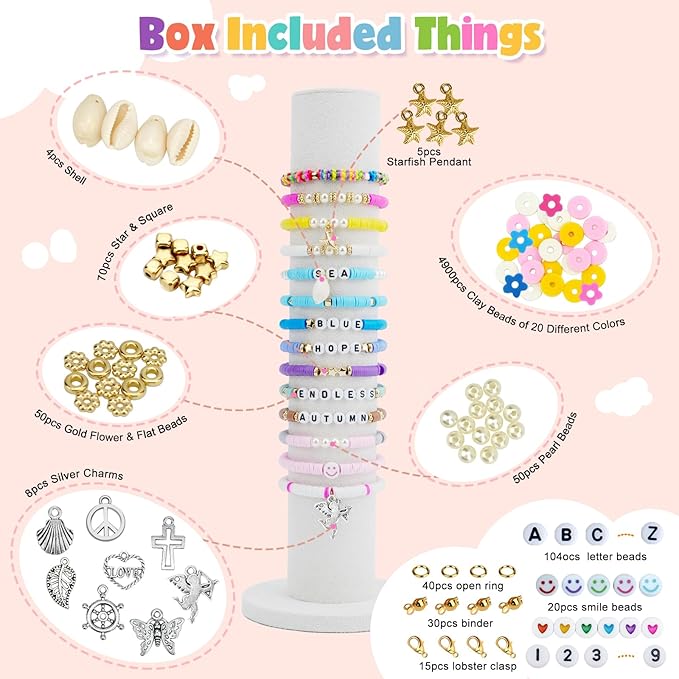 LZOUOWO 5300 Clay Beads Bracelet Making Aesthetic Kit, Polymer Heishi Preppy Letter Beads for Friendship Bracelet, Pearl Disc Beads Charms for Jewelry Making, DIY Creative Gift for Girls 8-12 Teens