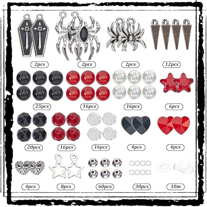 SUNNYCLUE 1 Box 6 Sets Halloween Bracelets Kit Coffin Spider Charms Gothic Charm Round Heart Star Bead Black Red Glass Spacer Beads for Jewelry Making Kits Women Adults DIY Bracelets Craft Gifts