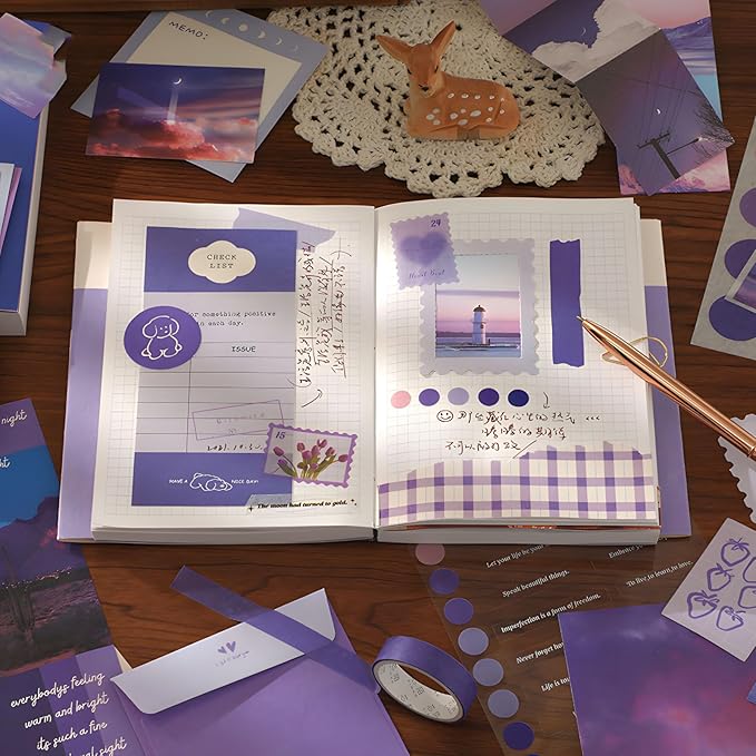 joychoic 348 pcs scrapbook kit, moonlight junk journal supplies, purple journaling and scrapbooking materials, large aesthetic collection for women, stationery diy arts craft, adults daily