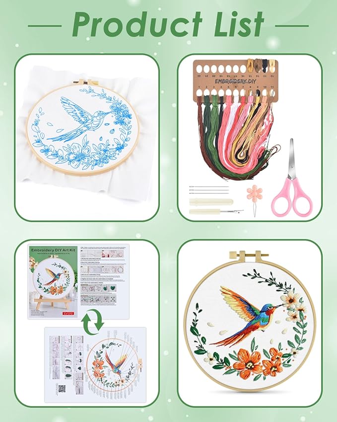ERKOON Embroidery Kit for Beginners, Hummingbird and Flower Cross Stitch Set for Include Embroidery Cloth Hoops Threads for Craft Lover Hand Stitch (Colorful Hummingbird)