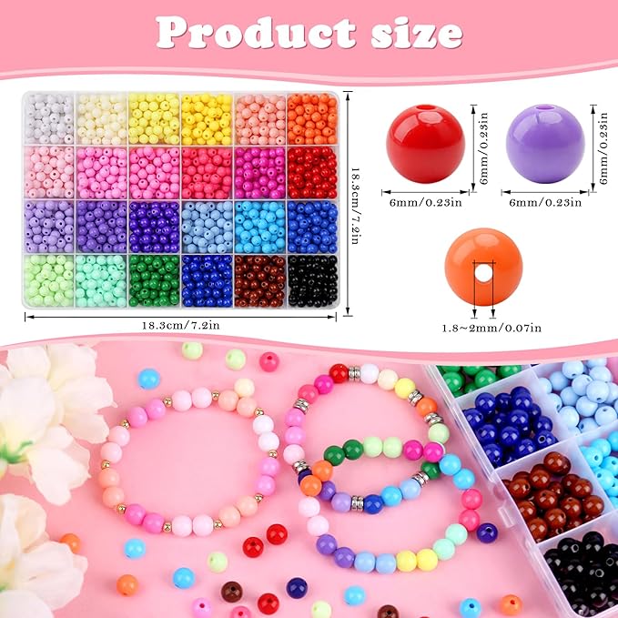1440Pcs 6mm Candy Color Acrylic Round Beads, 24 Colors Assorted Plastic Bubble Gum Beads with Hole Loose Beads Bulk for Bracelets Necklace Jewelry Making DIY Crafts