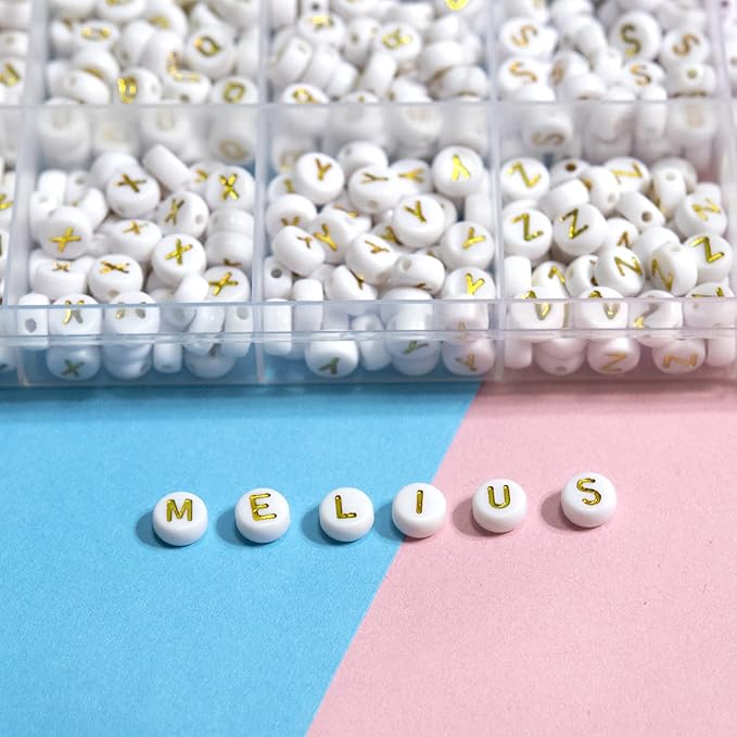 Melius Acrylic Gold Letter Beads, 1450 Pcs 4x7mm Round Alphabet Beads in 28 Grid Box for Jewelry Making, DIY Bracelets, Necklaces, Key Chains, Bracelets