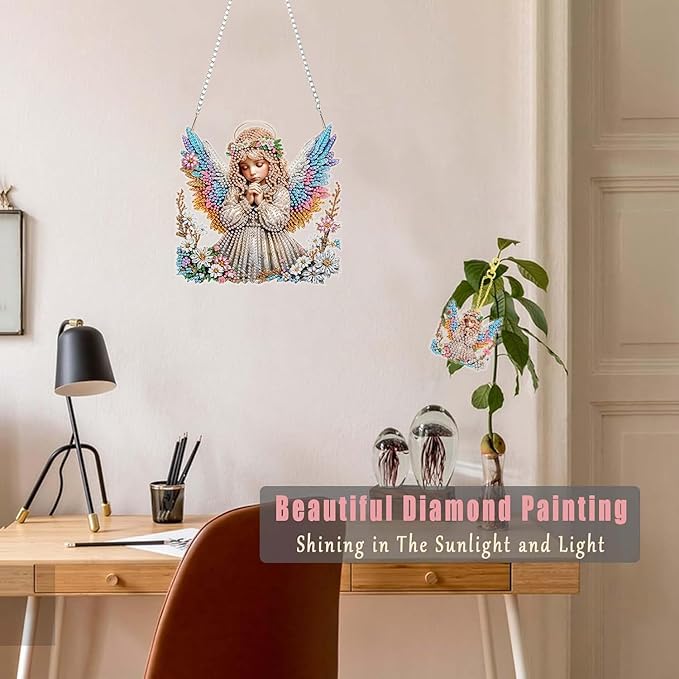 Masendp Easter Diamond Painting Hanging Decoration Kit, DIY Angel Special-Shaped Rhinestone Window Hanging Kit, Suitable for Home and Garden Wall Decor Gifts