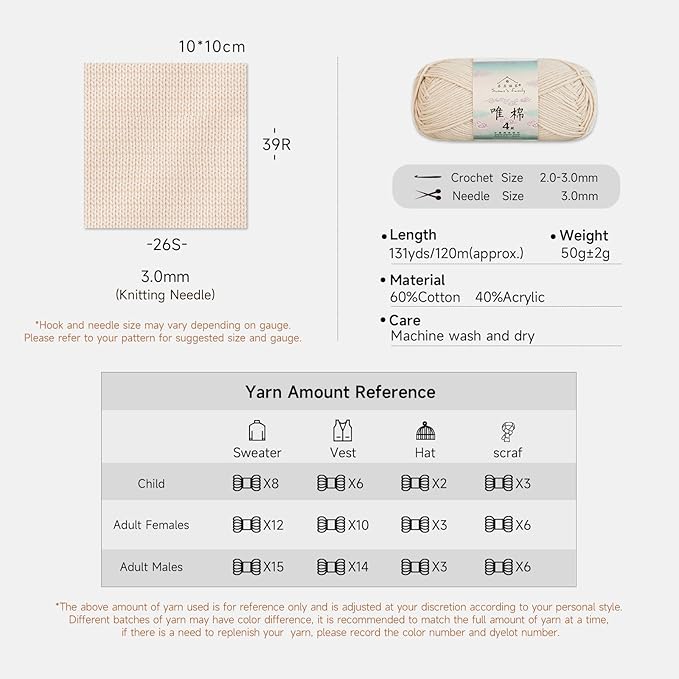 Susan's Family 4 ply 60% Cotton 40% Acrylic Yarn - Soft & Durable - 5 x 50g (1.76oz) - 655 Yards for Knitting & Crocheting - Baby Blankets, Amigurumi, Sweaters & More