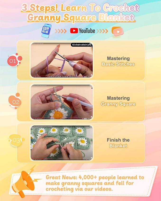Coopay Crochet Kit for Beginners, Crochet Starter Kit for Blanket, Granny Squares Video Instructions, Easy to Learn Knitting for Beginner