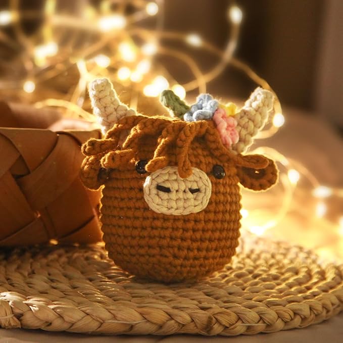Crochet Kit for Beginners: Highland Cow Crochet Kit, Include Easy Knitting Soft Yarn, Step-by-Step Video Tutorial, Hook, Birthday Gift for Adults and Teen(30%+ Yarn)