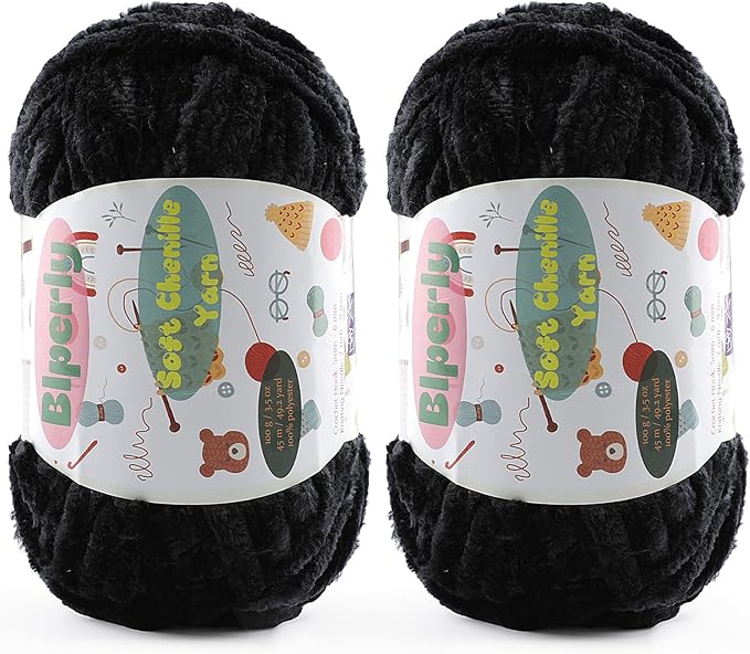 2 * 100g Fluffy Chenille Yarn for Crocheting - Chunky Velvet Yarn for Scarves Shawls, Baby Blankets, Hats Plush Toys, Plush Yarns Each Skein 49.2yd (2, Black)