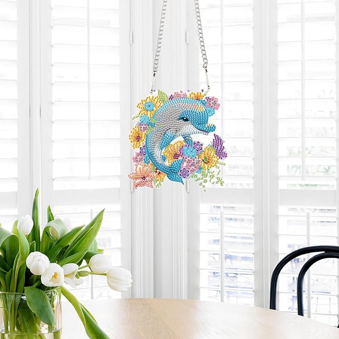 AiYuanzsh Dolphin and Flowers Diamond Painting Hanging Kit – DIY Acrylic Pendant with 5D Special Shaped Rhinestones, Diamond Art Decorative Art Board for Wall, Door or Garden, Handmade Gift