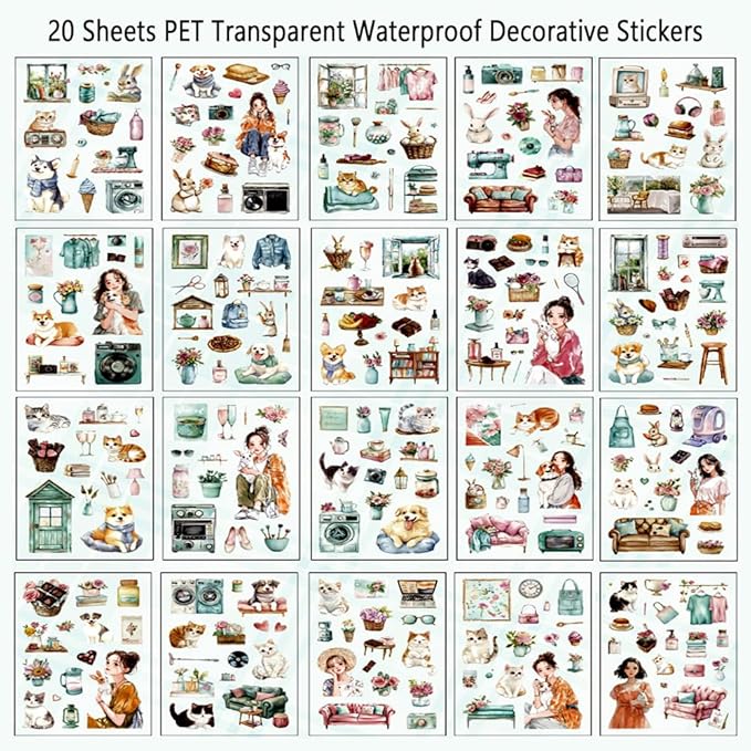 Scrapbook Sticker Book for Scrapbooking and Journaling, People Pet Coffee Theme, 20 Sheets 3.9x5.9 inches, Precut Transparent PET Stickers for Junk Journal Supplies, Collage, Scrap Book