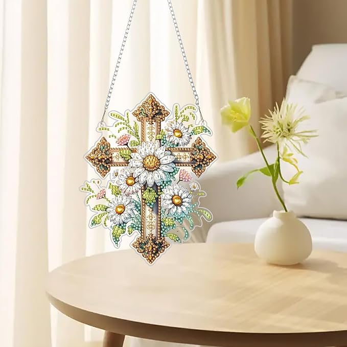 RYMILIE Diamond Art Hanging Kit for Adult,Special Shaped Rhinestone,Double Sided 5D DIY Acrylic Diamond Art Painting Window Pendants Home Garden Wall Hanging Kits Hanging Ornament (Cross)