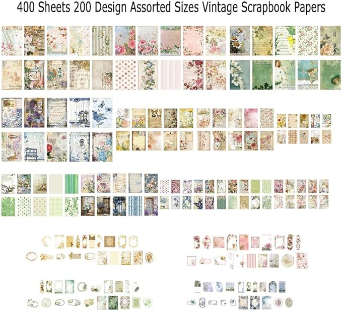 Diuhofart 400Pcs Vintage Scrapbook Supplies Kit for Adults, Scrapbook Paper and Journaling Stickers Scrap Booking Kit for Junk Journal Supplies, Collage, Card Making, DIY Crafts Arts