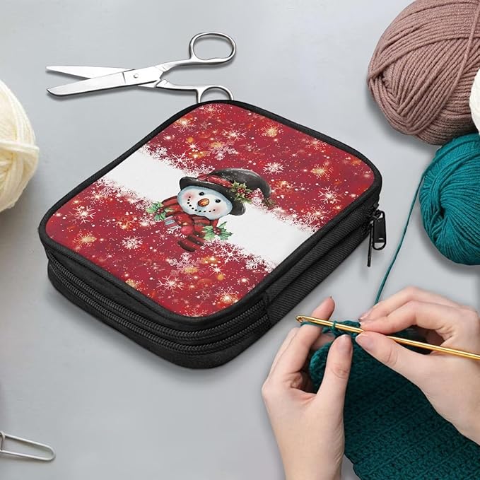Hechitok Christmas Snowman Crochet Hooks Case Zipper Bags Portable Crochet Storage Bag with Web Pocket and Crochet Holder Slots for Carrying Various Crochets Needles