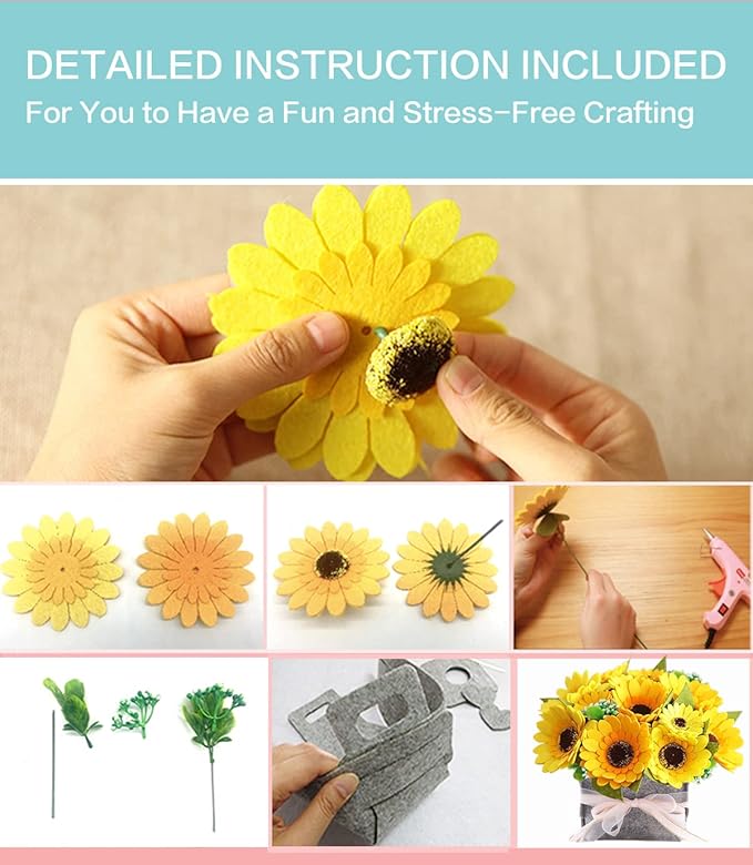 BAZIMA DIY Felt Flower Art Craft Kit, Sunflower Pot Bonsai Kit, Floral Gifts, Beginner Craft Kit, Arrange Pre-Cut Flowers and Foliage