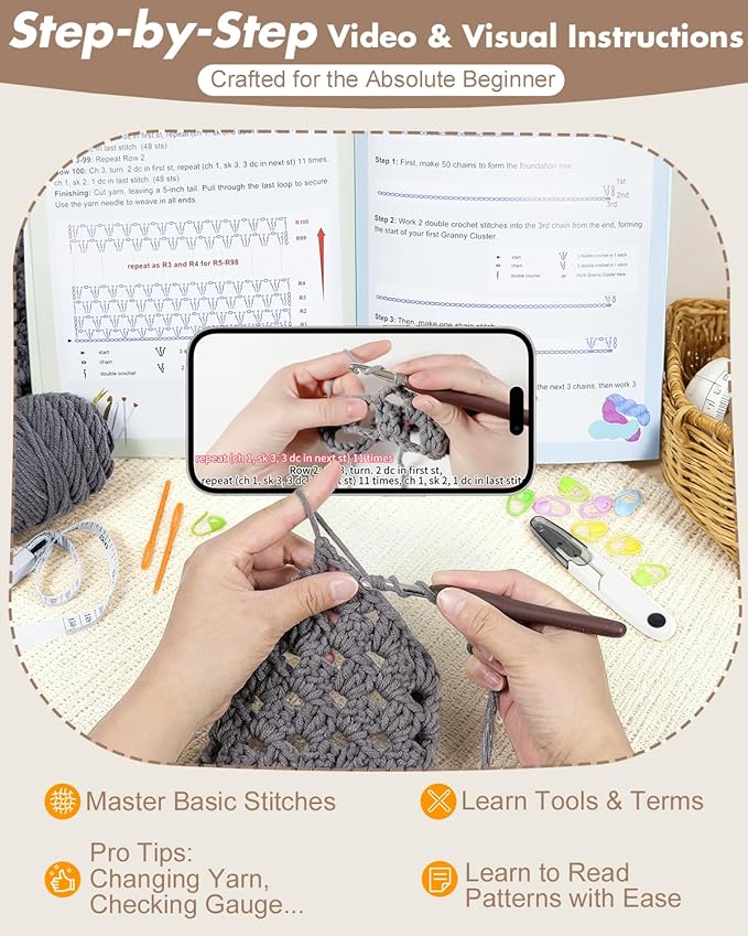 Arborthread Crochet Kit for Beginners, Easy Pocket Shawl & Scarf Crochet Kit for Adults w/Ample Premium Yarn to Fit Different Sizes, Step-by-Step Video & Instructions, Grey