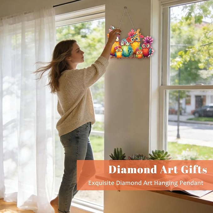 Roneenz Diamond Painting Kits Hanging Pendant, Owls Hanging Diamonds Art kit for Adults, Special Shaped DIY 5D Art Window Decor, Home Garden Room Decor Gifts for Women and Girls