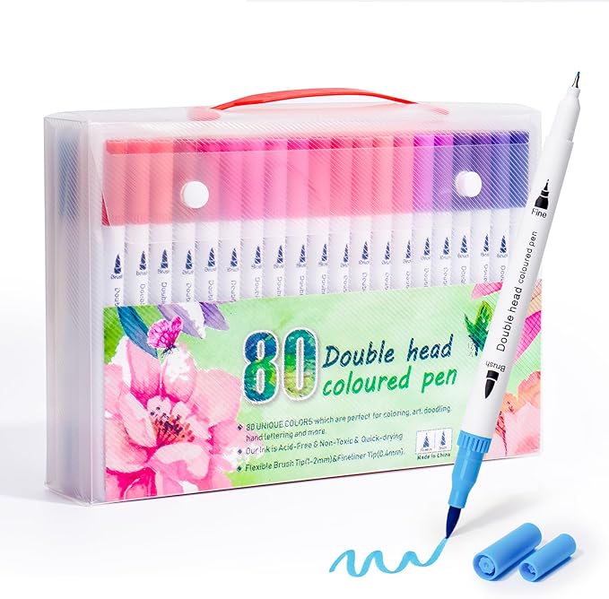 80 Colors Markers for Adult Coloring Books No Bleeding - Dual Tip Water Based Art Coloring Markers Set for Drawing, Painting, Fine Tip and Brush Tip Brush Pens for Artists(White Barrel)