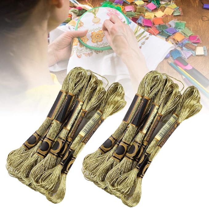 Metallic Embroidery Skein Threads, 24Pcs Light Gold Cross Stitch Thread for Bracelets DIY Embroidery Thread Crafts Project