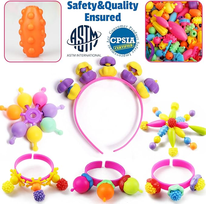850pcs pop beads - jewelry making kit for 3 4 5 6 7 8 year old little girls, arts and crafts toys for kids, necklace bracelet ring hairband creativity snap set birthday valentines day gifts for kids