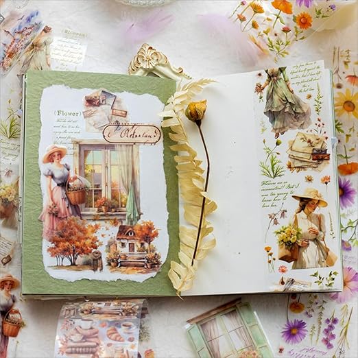 Vintage PET Tape Stickers, Flower Women Caffeine Canvas Cafe Window 6 Rolls Assorted Decorative Tape for Crafts, Journaling, Scrapbooking, Bujo DIY Supplies
