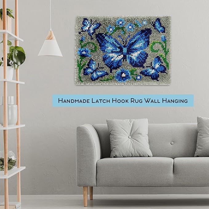 veirousa Blue Butterfly Latch Hook Kit for Adults Beginners, Pre-Printed Latch Hook Rug Kit, DIY Carpet Making Set for Home Wall Hanging Art Decoration 20x15 Inch