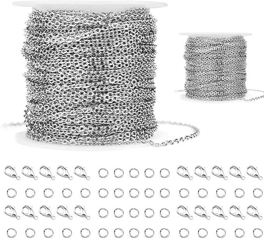 WXJ13 Chains for Jewelry Making 36FT 2 Rolls, Silver Stainless Steel Jewelry Chains with 60 Pieces Open Jump Rings & 40 Pieces Lobster Clasps for Necklace Chain DIY Making Accessories