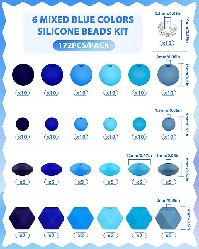 172PCS FIVEIZERO Silicone Beads for Keychain Making, 6 Mixed Colors Silicone Focal Beads Kit, 9mm & 15mm Round Lentil Hexagon Bead & Rhinestone Spacer Bead for Jewelry Making & Bracelets (Blue)