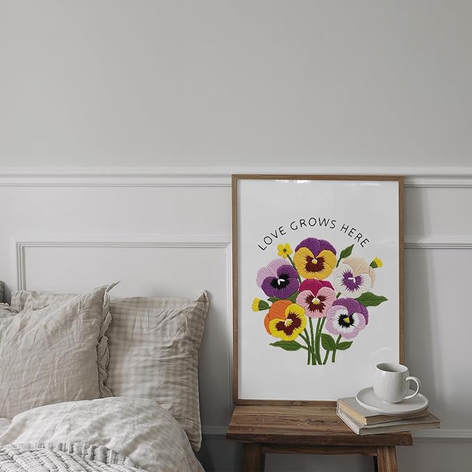 Nuberlic Pansy Flower Embroidery Kit for Beginners Cross Stitch Kits- Complete Starter Set with Hoop, Pre-Printed Fabric, Threads & Needles