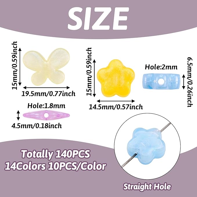 FASHEWELRY 140Pcs Acrylic Butterfly Flower Beads for Bracelet Making Assorted Cute Pony Bead Glitter Kawaii Beads Bulk Colorful Kandi Bracelet Bead for Jewelry Making