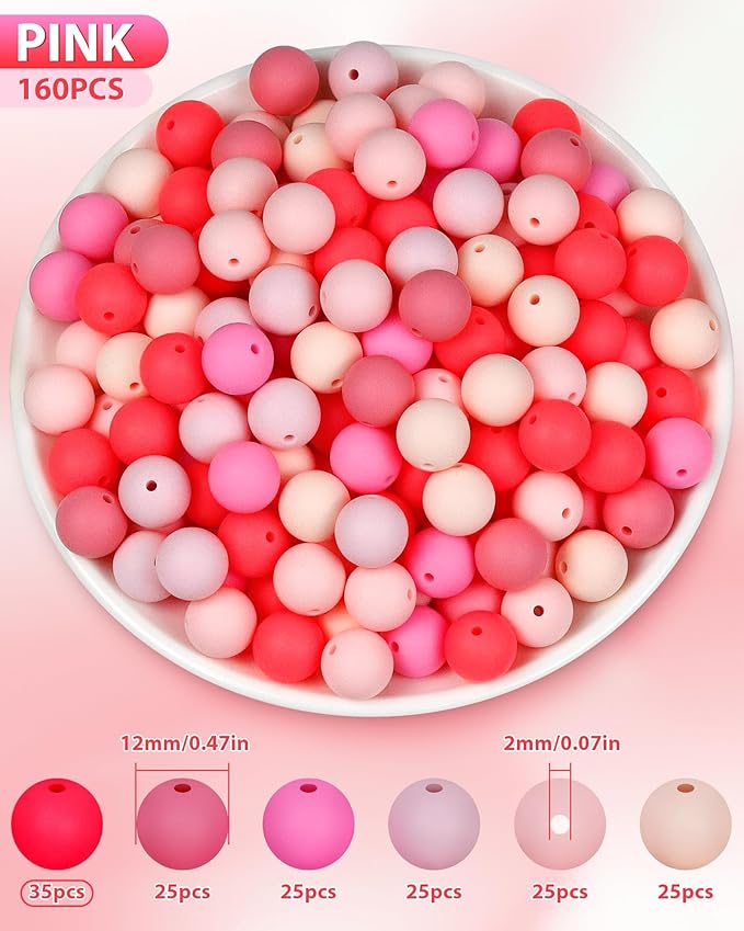 160pcs fiveizero 12mm silicone beads for keychain making, pink valentine's day mixed 6 colors round silicone bead bulk for pens, rubber beads for bracelets and diy crafts