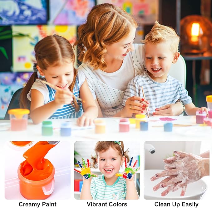 322PCS Washable Acrylic Paint for Kids Arts and Crafts, 23 Gouache Watercolor Paint Combination Sets of 12 Colors for Party Classroom Painting Supplies,23 Flat and 23 Pointed Brushes