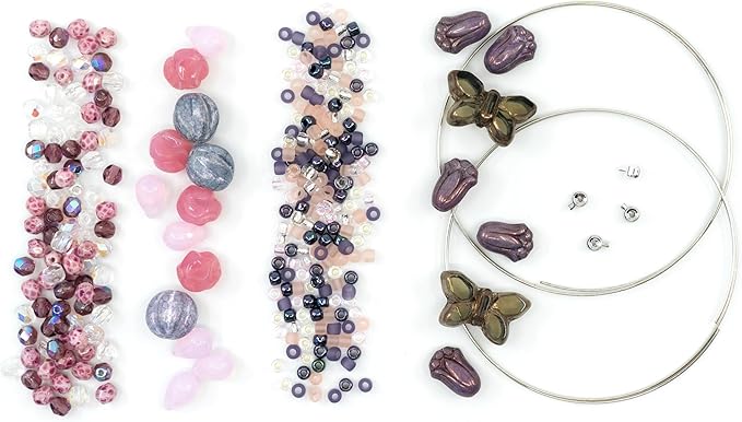 Bracelet Making kit with Czech Glass Beads & TOHO Japanese Rocailles, 2pc Memory Wire and crimps for begginers - Easy & Fast to do (Butterflies Purple Pink)