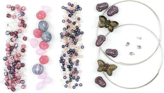 Bracelet Making kit with Czech Glass Beads & TOHO Japanese Rocailles, 2pc Memory Wire and crimps for begginers - Easy & Fast to do (Butterflies Purple Pink)