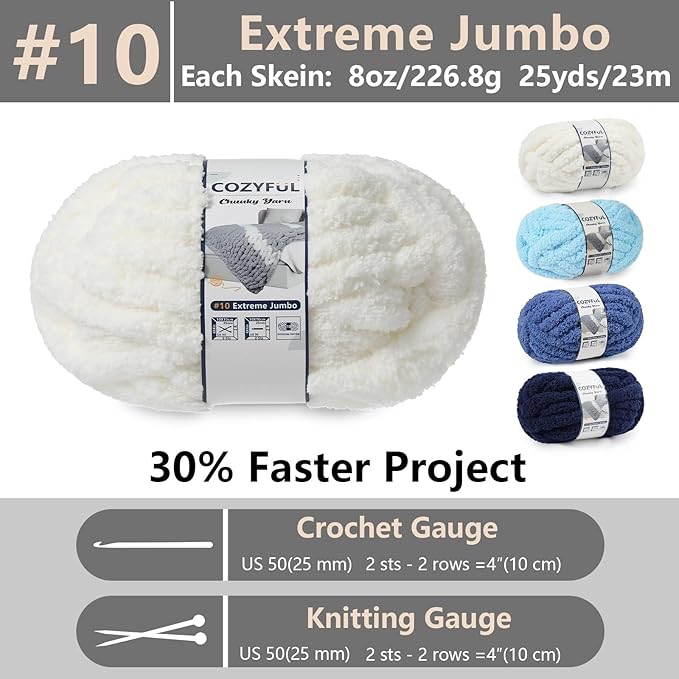 Chunky Yarn for Hand Knitting - #10 Chunky Chenille Yarn, Jumbo Big Thick Chunky Yarns for Crocheting, Super Bulky Chunky Knit Blanket Yarns, 8 Skein (25yd, 8oz/Skein), Cream & Multi Blue