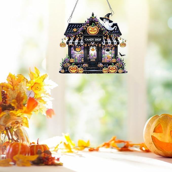 DIYDeligths DIY Hanging Halloween Pendant Ornament Diamond Art Painting for Adults Beginners with Accessories Single Sided Dot-Drill Pendant for Home Wall Window Garden Decor (Candy Store)