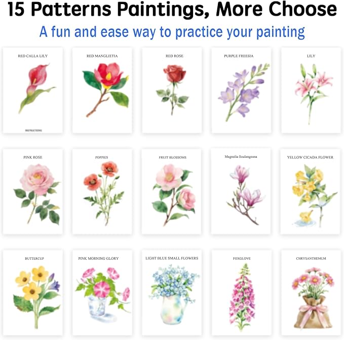 SLWBZ Watercolor Workbook Flowers, 15 Different Patterns of Original DIY Designs, 16 Color Watercolor Paint Plates with Palette and Brush, Beginner-Friendly Watercolor Workbooks, Flowers