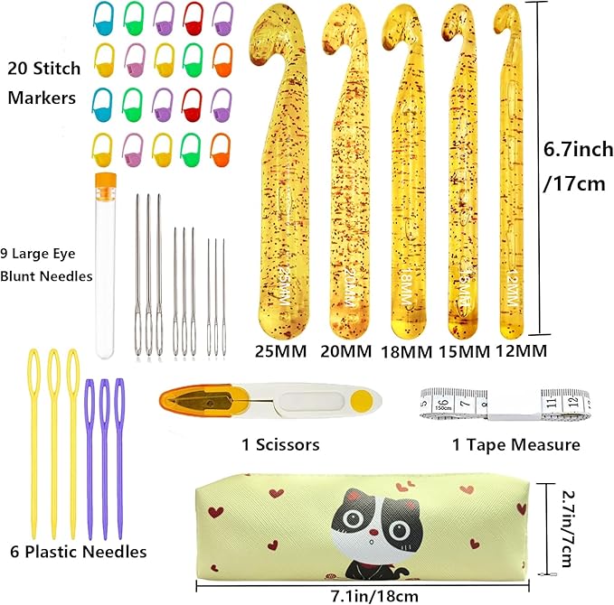 43 Pcs Large Crochet Hooks Set,12mm 15mm 18mm 20mm 25mm Large Crochet Hooks for Chunky Yarn,Plastic Crystal Smooth Big Crochet Needles for Handmade DIY Crochet with Storage Bag