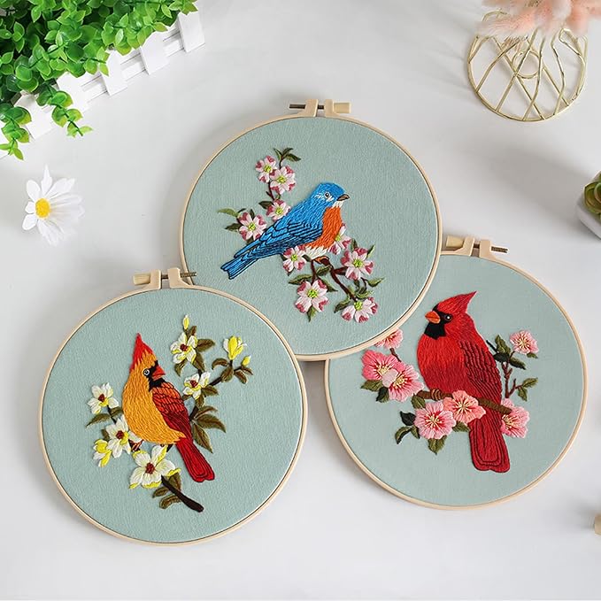 Louise Maelys 3 Sets Bird Embroidery Kits for Beginners,Adults Starter Flower Pattern Cross Stitch Kit DIY Needlepoint Kits with Embroidery Instructions