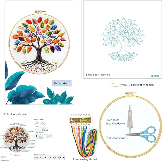 Zhenqing Rainbow Tree of Life Embroidery Kit for Beginners - 29x29cm Printed Fabric with Hoop & Full Tools (C0060)