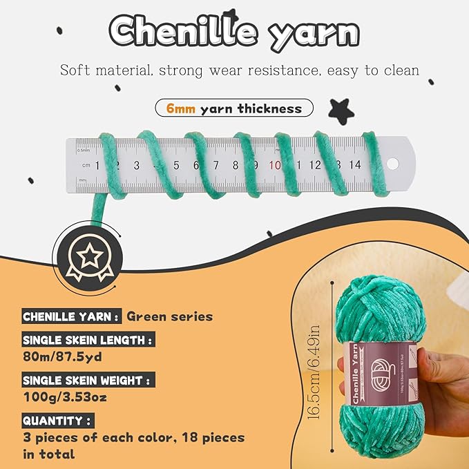 LUNARM 18 Skeins Chenille Yarn for Crocheting, Handmake Weaving Thick Soft Chunky Yarn for Blankets Clothes Crochet Craft with Crochet Hooks Needles Stitch Markers,3.53oz/Skein(Blue Green Series)