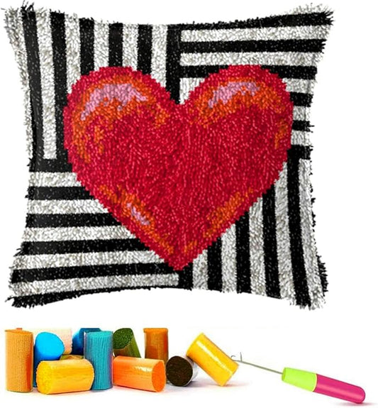 EMISTEM Latch Hook Kits for Adults - Latch Hook Pillow Kits, Crochet Yarn Kit for Beginners, DIY Needlework Crafts Cover Case with Printed Canvas, Gift Packaging. (Red Love,17x17 inch)
