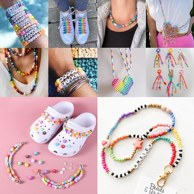 4000+Pcs Pony Beads Bulk, 6*9mm| Friendship Bracelet Making Kit with Assorted Color Plastic Beads in 2 Storage Boxes with 20m Crystal, 30m Elastic String, 3X Braided Ropes & Scissor| Ideal for Jewelry