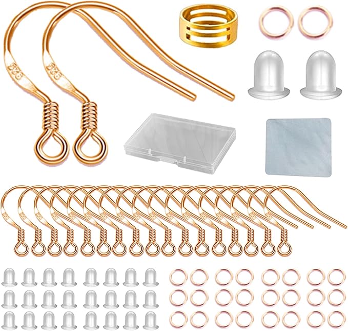 rose gold earring hooks, 240pcs earrings making kit with hypoallergenic ear hooks, jump rings and clear rubber earring backs for diy jewelry making