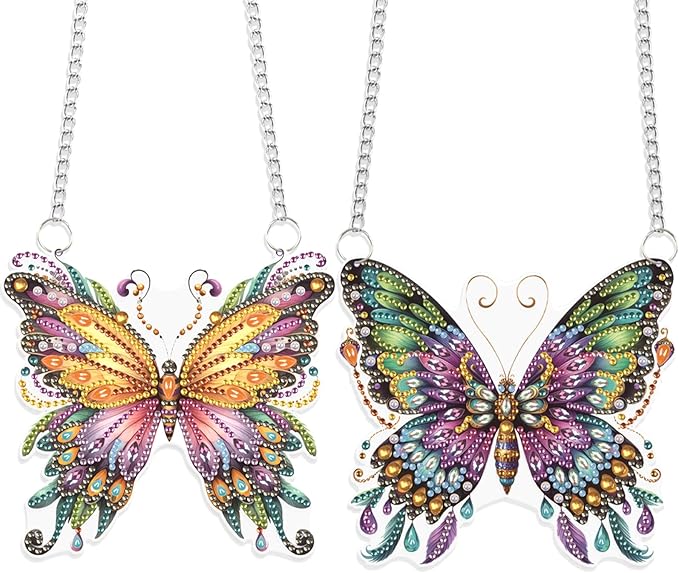 JISHSHAY 2 PCS Diamond Painting Pendant DIY Butterfly Crystal Wind Chimes Suncatcher Art Ornaments Hanging for Garden Wall Decor