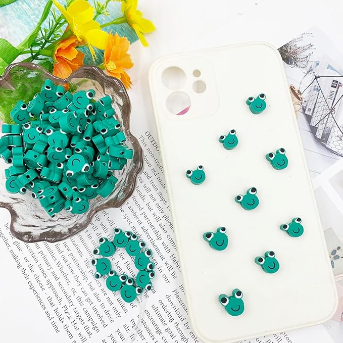 100Pcs Frog Polymer Clay Loose Spacer Beads, 10mm Cute Beads Charms for Women DIY Hair Clip Necklace Bracelet Jewelry Earring Handmade Craft Making