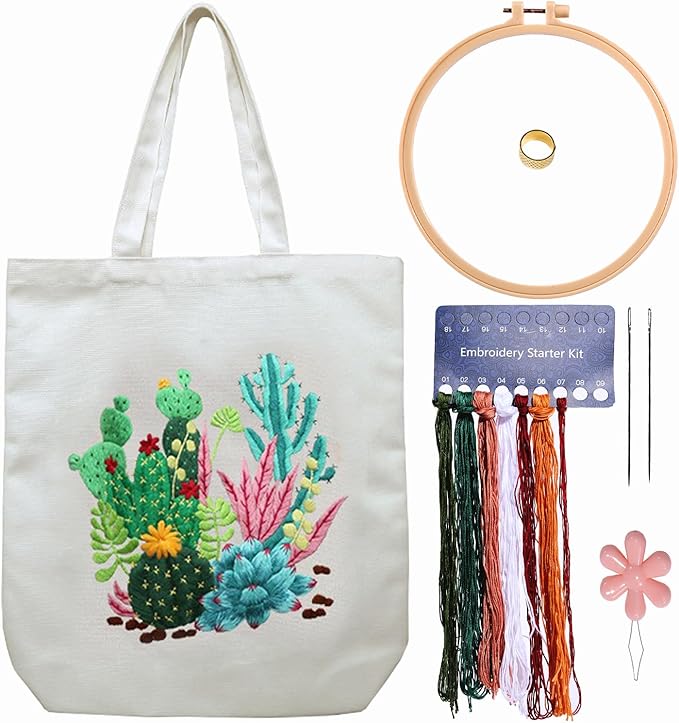 CREAWONDER Canvas Tote Bag Embroidery Kit with Pattern for Beginners, Arts and DIY Embroidery Crafts Kits for Adults, Include Instructions, Thimble, Embroidery Hoops, Color Threads and Tool