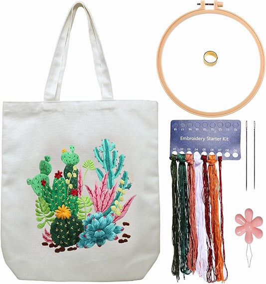 CREAWONDER Canvas Tote Bag Embroidery Kit with Pattern for Beginners, Arts and DIY Embroidery Crafts Kits for Adults, Include Instructions, Thimble, Embroidery Hoops, Color Threads and Tool