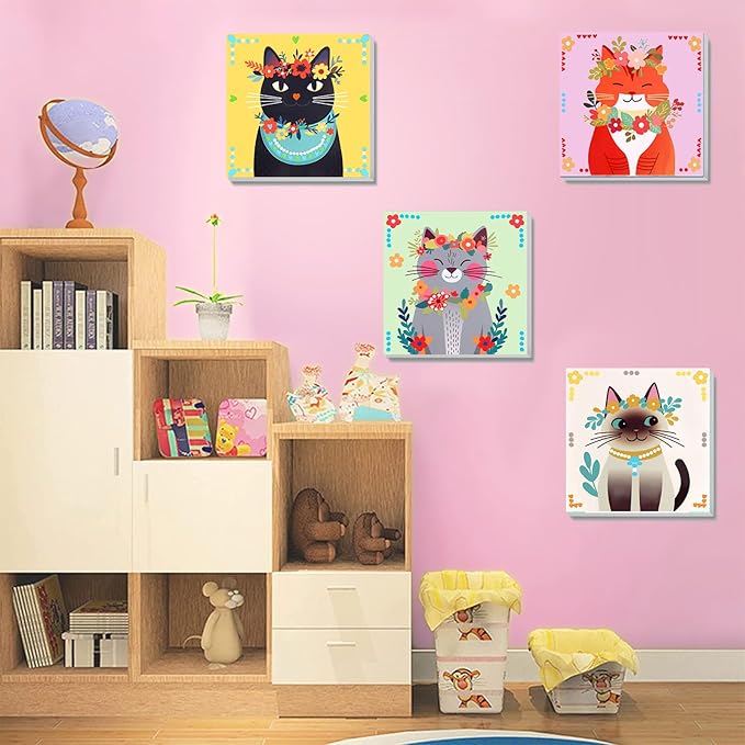 4 Pack Cat Paint by Number for Kids with Wooden Frame, Paint by Numbers for Kids Cats Ages 4-8-12, Easy Cat DIY Acrylic Oil Painting Kits for Home Wall Decor (8X8 inch)